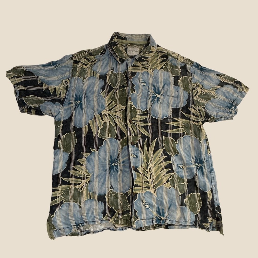Tommy Bahama Mens Large Blue Hibiscus Floral‎ Linen Silk Striped Camp Shirt